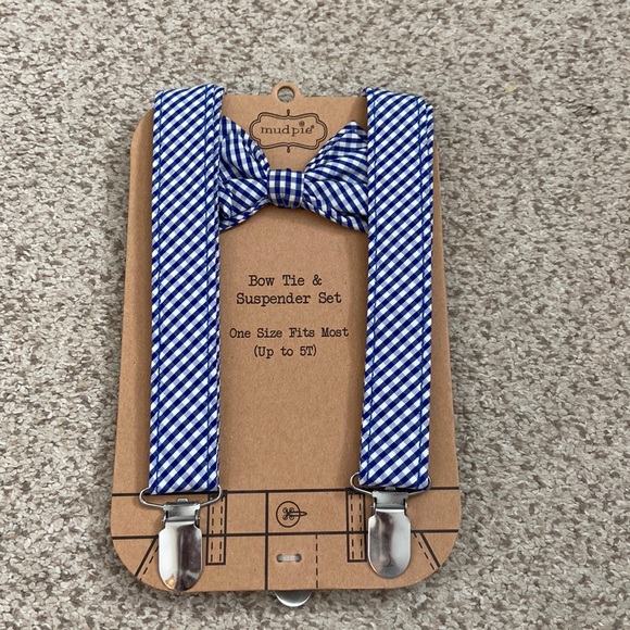 NWT Mud Pie Navy Gingham Bow-Tie and Suspender set
